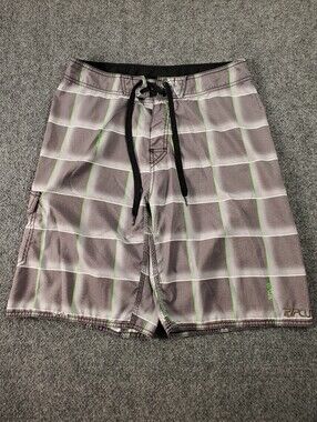 Rip Curl Gray Plaid Board Shorts with Green Accents